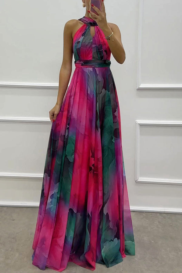 Elaine - Tulle Maxi Dress with Floral Print, Cut-Outs, and Halter Neck