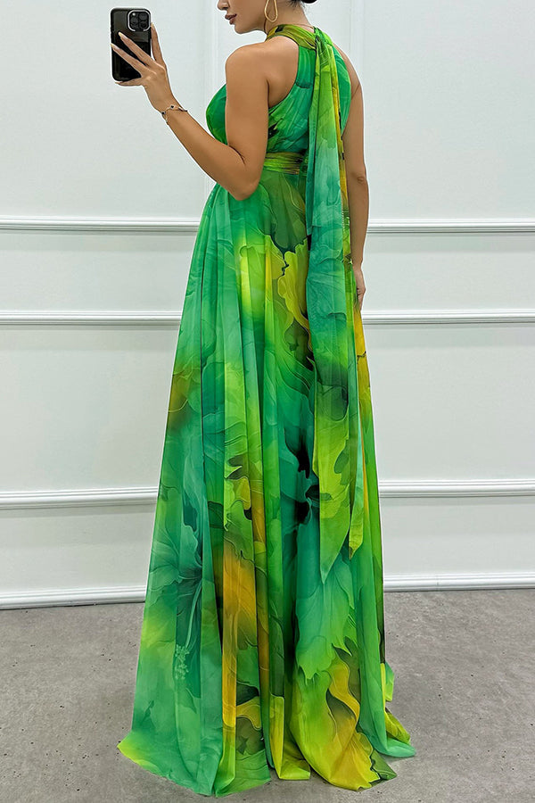 Elaine - Tulle Maxi Dress with Floral Print, Cut-Outs, and Halter Neck
