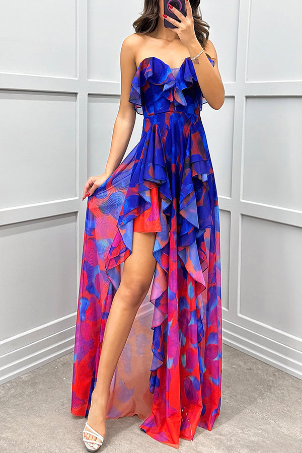 Georgia - Off-shoulder Maxi Dress with Gradient, Print, Ruffles, and Slit