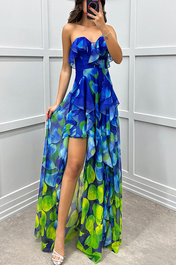 Georgia - Off-shoulder Maxi Dress with Gradient, Print, Ruffles, and Slit