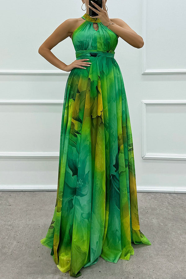 Elaine - Tulle Maxi Dress with Floral Print, Cut-Outs, and Halter Neck