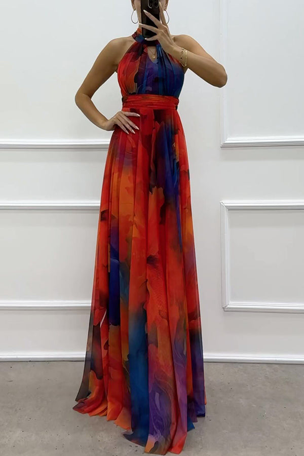 Elaine - Tulle Maxi Dress with Floral Print, Cut-Outs, and Halter Neck