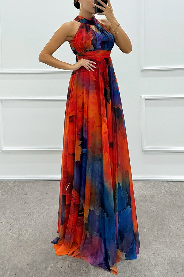 Elaine - Tulle Maxi Dress with Floral Print, Cut-Outs, and Halter Neck