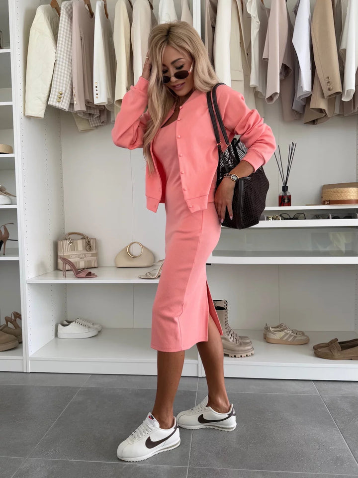 Karin™ | Ribbed Knit Midi Dress & Bomber Jacket Set