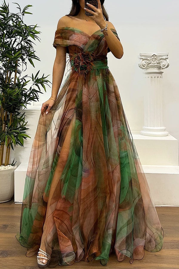 Jinnie -Tulle Maxi Dress with Feathers, Pleats & Slit