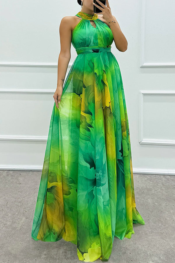 Elaine - Tulle Maxi Dress with Floral Print, Cut-Outs, and Halter Neck