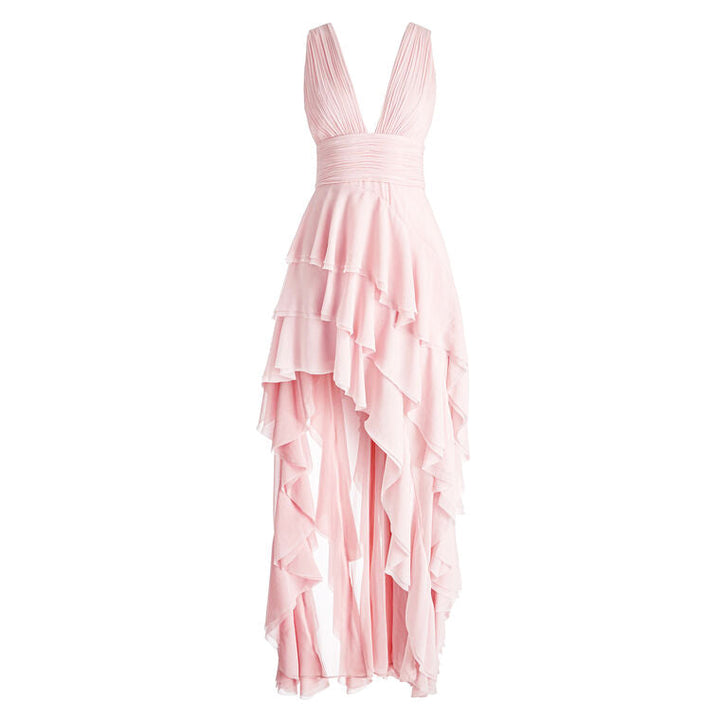 Dahlia | Pink Asymmetric Ruffled Maxi Dress
