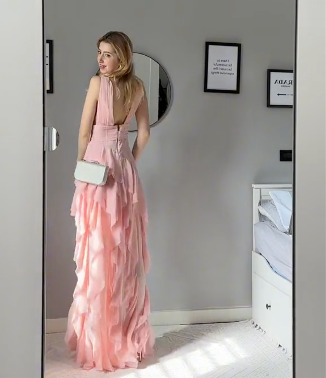 Dahlia | Pink Asymmetric Ruffled Maxi Dress