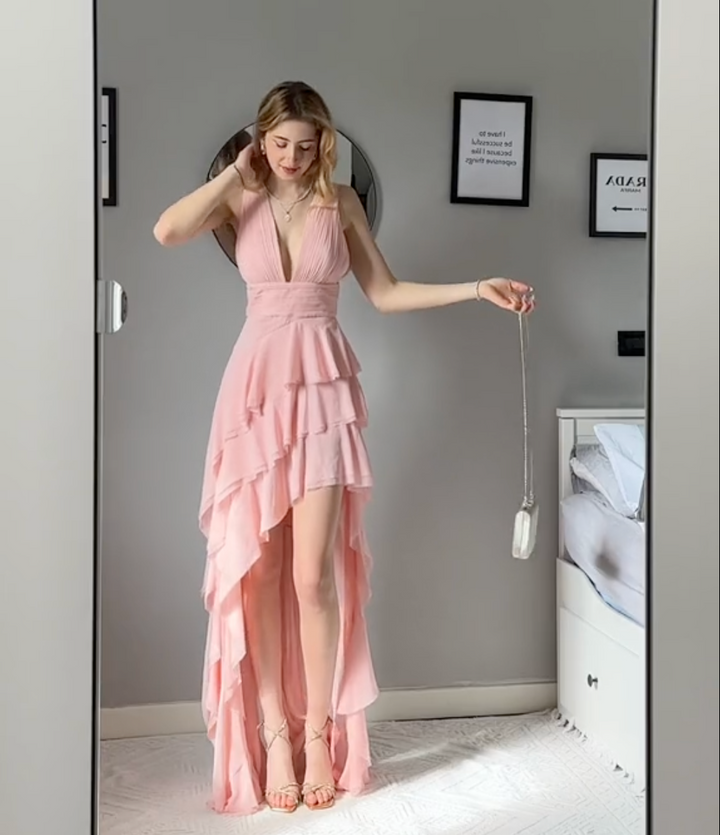 Dahlia | Pink Asymmetric Ruffled Maxi Dress