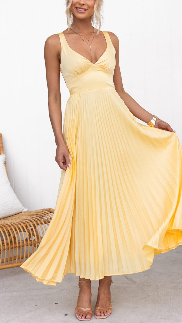 ABA - YELLOW PLEATED V-NECK MAXI DRESS