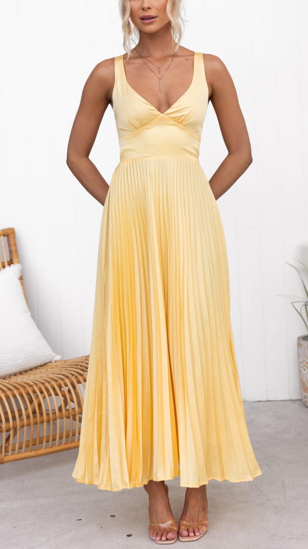 ABA - YELLOW PLEATED V-NECK MAXI DRESS