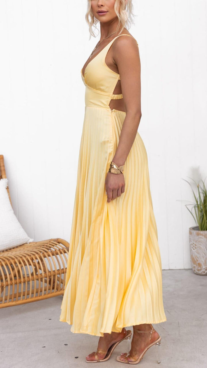 ABA - YELLOW PLEATED V-NECK MAXI DRESS