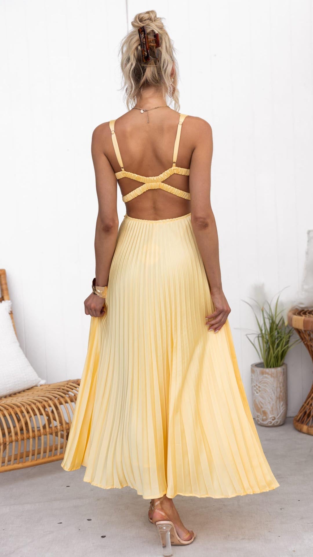 ABA - YELLOW PLEATED V-NECK MAXI DRESS