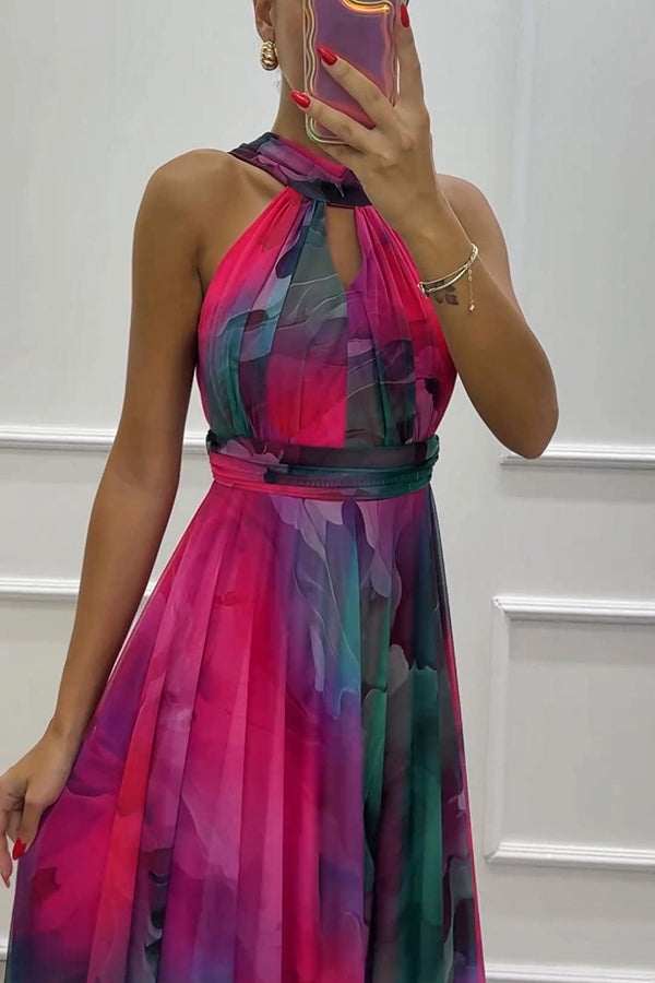 Elaine - Tulle Maxi Dress with Floral Print, Cut-Outs, and Halter Neck