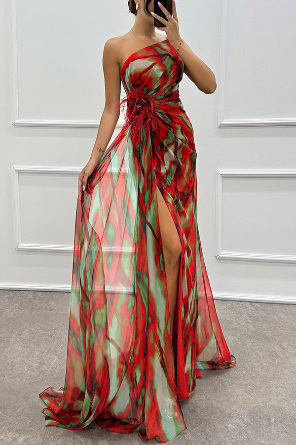 Claudia - Maxi Dress with Watercolor Print, Feather Roses & Slit
