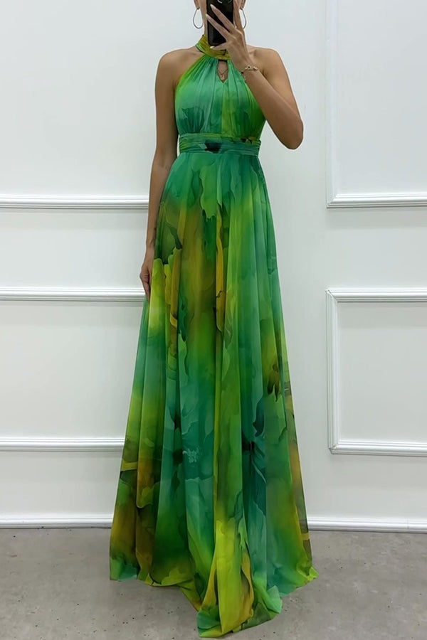 Elaine - Tulle Maxi Dress with Floral Print, Cut-Outs, and Halter Neck