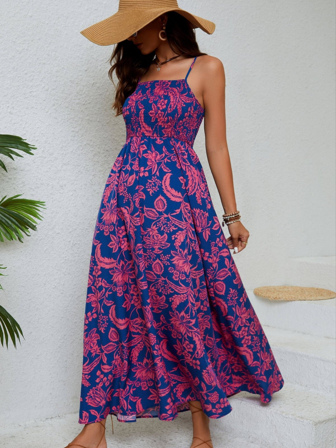 Emma - Floral Ruched Maxi Dress with Spaghetti Straps