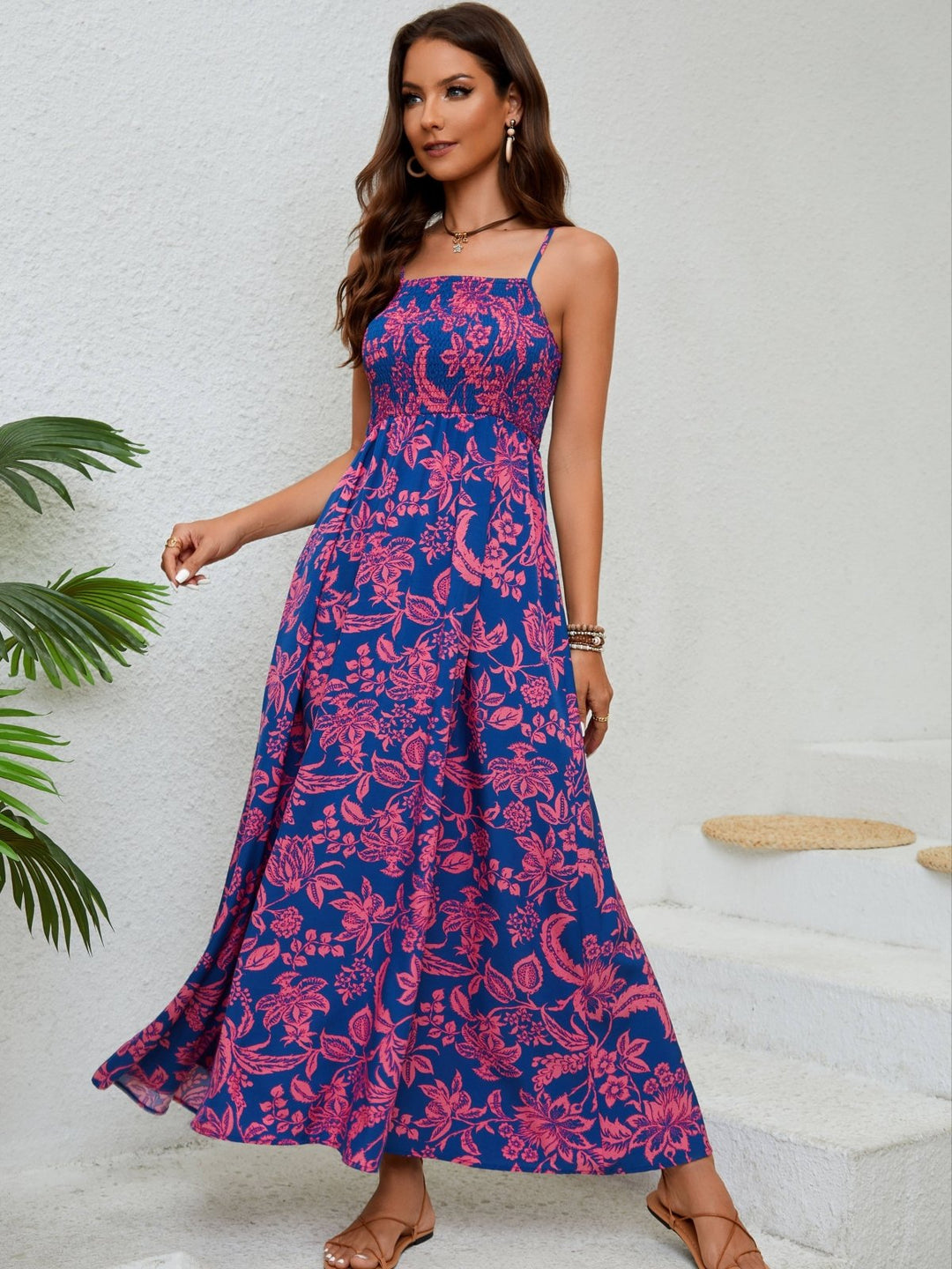 Emma - Floral Ruched Maxi Dress with Spaghetti Straps
