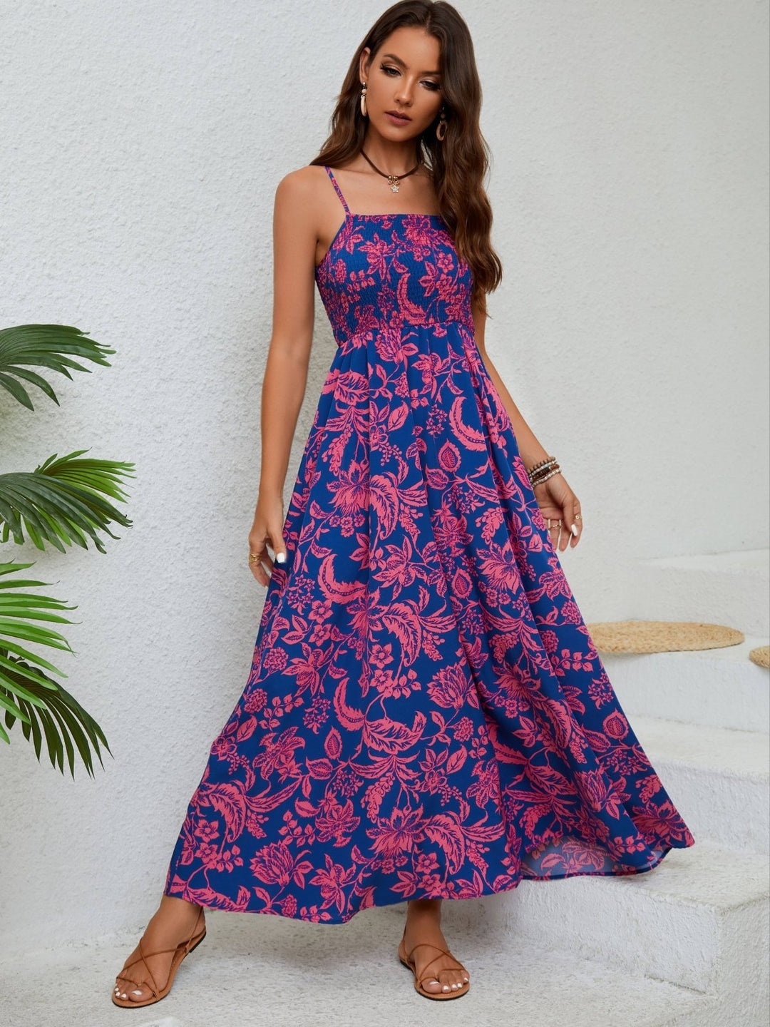 Emma - Floral Ruched Maxi Dress with Spaghetti Straps